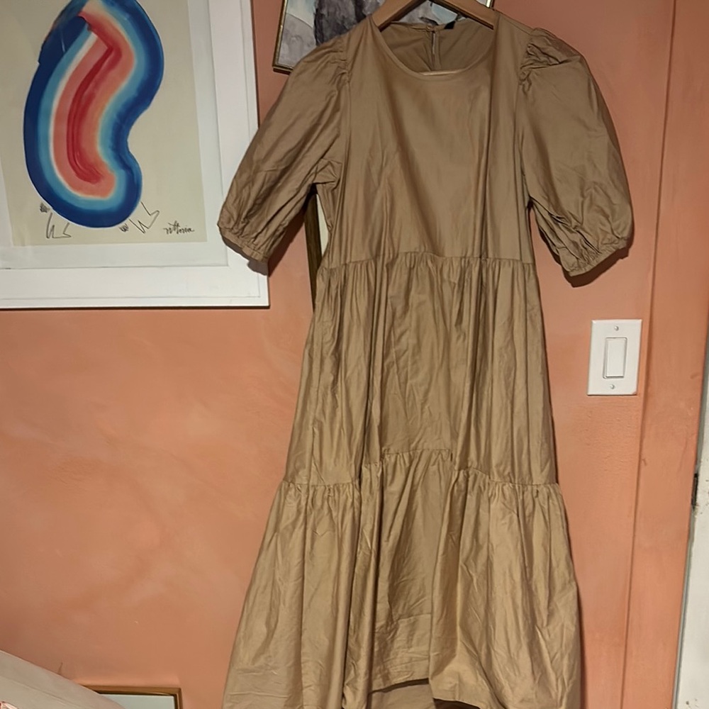Zara Tan Midi Puff Sleeve Dress